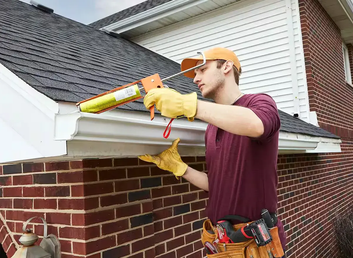 Orange Exteriors technician sealing a gutter seam on a brick home in Eden Prairie, MN Orange Exteriors technician sealing a gutter seam on a brick home in Eden Prairie, MN